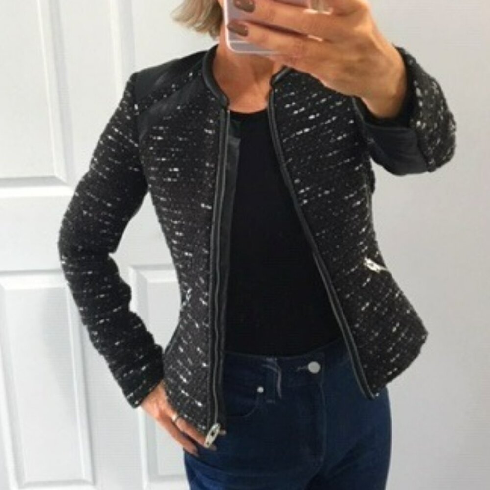 H&M Tweed with vegan leather trim and silver zippers cropped blazer size xs